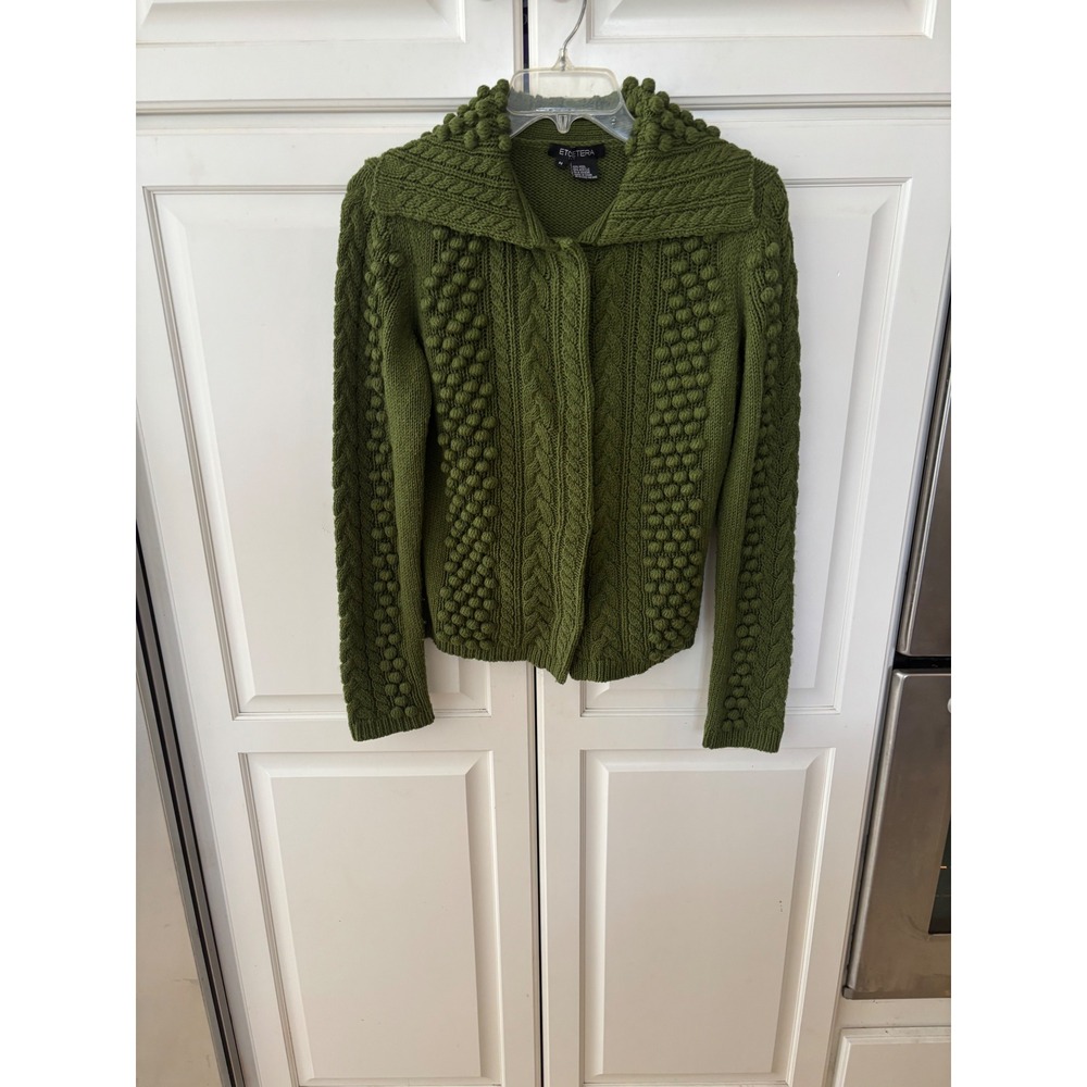 Etcetera Olive Green Cable Knit Popcorn Bobble Wool Blend Snap Cardigan Medium